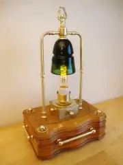 Steampunk Lamp, Green Glass, Vintage Edison Bulb, Wood Base, Brass, Touch Dimmer