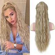 24H60 Blonde Highlights Curly Ponytail Extensions for Women 26 Inch Drawstring Ponytail Hair Extensions Ponytail Hair Extensions for Daily Use, Easy to