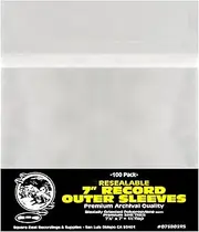 (100) 7" Resealable Record Outer Sleeves - Super Clear Premium 2 Mil Thick - Archival Quality BOPP - 7-3/8" x 7" + 1-1/2" Flap - 07SB02RS