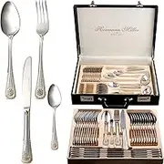 Hermann Miller Royal Family Collection 72 Piece Fine Flatware Silverware Set with Gift Carrying Case, Elegant Design, Serves Parties 12 people, Perfect Housewarming Graduation for Loved Ones, Gold