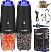 UPGRADED USB RECHARGEABLE Gravity Electric Salt and Pepper Grinder Set,Battery Powered Automatic Operation Salt and Pepper Shakers,LED Light Adjustable Coarseness Mill 2 PACK(BLACK)