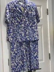 NWT PANAMA JACK 2 Pc Tropical Leaf Linen Wide Leg Pants & Top Ivory/Blue Size M