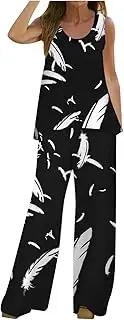 Summer Two Piece Casual Pants Sets for Women Sleeveless Print Tank Top Smocked High Waist Wide Leg Pants Lounge Set