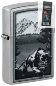 Zippo 48381 Mountain Lion Design Street Chrome Lighter + FLINT PACK