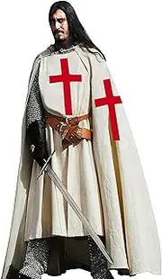 SUNLEXA Medieval Knight Tunic Hooded Cap Cloak Halloween Costume Templar Surcoat Cosplay Costumes Renaissance LARP (S-6XL