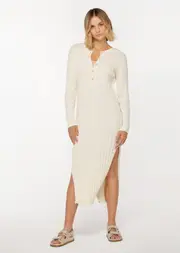 [Lorna Jane] Lay Back Knit Henley Dress in Neutrals, 100% Cotton, Size - Medium M Cream
