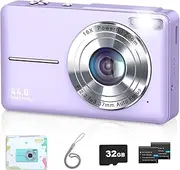 Digital Camera, Camkory FHD 1080P Point and Shoot Digital Camera 44MP Kids Camera 16X Digital Zoom, Anti Shake Small Travel Camera with 32GB SD Card, Two Batteries (Purple)