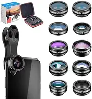 APEXEL 10 in 1 Cell Phone Camera Lens Kit, Wide Angle Lens & Macro Lens+Fisheye Lens+Telephoto Lens+CPL/Flow/Radial/Star Filter+Kaleidoscope 3/6 Lens for iPhone Samsung Sony and Most of Smartphone