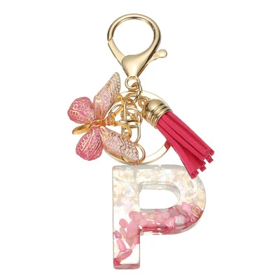 Alphabet P Tassel Butterfly Initial Letter Keychain (Rose Red, Pack of 1)