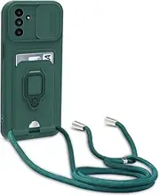 Dllatui Mobile Phone Case Compatible with Samsung Galaxy A14 / 5G, Necklace Lanyard, Silicone Case with Camera Protection Slider, Rotating Stand with Card Slot, Necklace Case (Green)