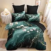 CCoutueChen Marble Comforter Set King Size Teal Marble White Floral Comforter Textured Abstract Spring Floral Soft Breathable Microfiber Cottagecore Bedding Set 3 Pcs for Bedroom Decor