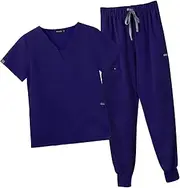 [yuksok] Female Scrub Set Top and Joggers Pant Beauty Parlour V Neckline Casual Worker Short Sleeves Durable Suit Work Clothing