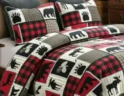 Queen Lodge Life 3pc Quilt Set Black Bear Paw Moose Deer Eagle Red Buffalo Check