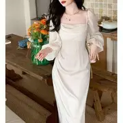 Long-Sleeve Square Neck Plain Ruffle Midi Sheath Dress Almond - M