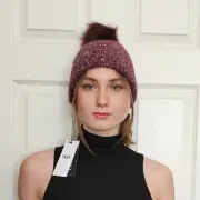 UGG Pippa Women's Cashmere Ribbed Knit Pom-Pom Beanie Hat Wine Red NEW MSRP $125