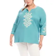 Karen Kane Embroidered Cotton Tunic Top in Aqua at Nordstrom, Size 3X