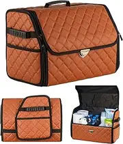 GOSOYO Leather Car Boot Organiser with Lid, Foldable Car Organiser, Divider and Trunk Storage with Pockets, Car Boot Organiser, Non-Slip Design (Brown-Black)