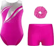 [Linjinx] Kids Girls Sleeveless Gymnastics Ballet Dance Leotard Unitard with Tumbling Athletic Dance Shorts Hairband Set