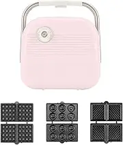 3 in 1 Waffle Maker with Removable Non-stick Plates, Electric Grilled Cheese Maker, Portable Cool Touch Handle, Easy to Clean, 900W(Pink)
