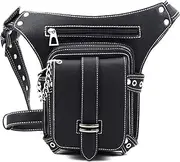 [FiveloveTwo] Men Women PU Leather Multi-Functional Tactical Drop Leg Waist Bag Pack Hiking Camping Trekking Cycling Hip Belt Fanny Messenger Bag Black
