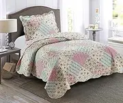 Brilliant Sunshine Pink and Green Rose Patchwork, 2-Piece Quilt Set with 1 Sham, Reversible Bedspread, Soft Lightweight Coverlet, All-Season, Twin, Pink Green