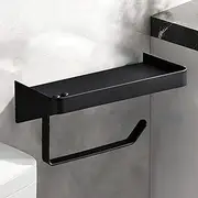 [OYOWUOT] Wall Mounted Toilet Paper Holder for Bathroom, Stainless Steel Stand Tissue Roll Rack with Shelf, Adhesive Storage Papel Towel Dispenser Phone Storage Rack (Black)