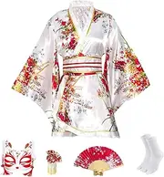 [CRFASIBE] 5 Pieces Women's Short Kimono Robe, Traditional Japanese Kimono with Floral Pattern, Geisha Yukata Dress, Cosplay Costume Set with Accessories