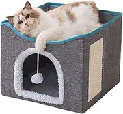 Cat Beds for Indoor Cats Hous 2-Tier Foldable Foldable Large Cat Bed with Ball Hanging and Scratch Pad Large Pet Caves with Warm Plush Bed Multi Small Pet Kitten 41x41x35CM (Grey)