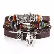 3Pcs Retro Owl Fish Multi Layer Bracelet Brown Leather Woven Bracelet For Men