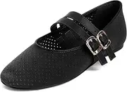 [UBWDU] Suede Mary Jane Flats for Women Perforated Round Toe Ballet Flats Comfortable Ballerina Shoes with Double Buckle Strap