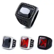 Titanium Stainless Steel Biker Punk Domineering Black Red Carved Stone Ring