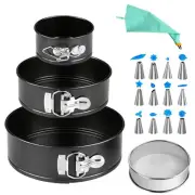 Cake Tin Set 3Pcs with 1*Flour Sieve 1*Decorating Tool,Nonstick Leakproof