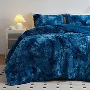 Wajade Faux Fur Plush Tie Dye Blue White Comforter Set Fluffy Fuzzy Shaggy Bedding Set - 3PC Full/Queen Microfiber Soft Warm Quilt Set