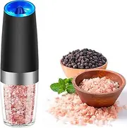 Syaws Gravity Salt and Pepper Grinder, Automatic Pepper Mill with Adjustable Coarseness, Salt and Pepper Shakers Battery Powered with LED Light, One Hand Operation (Battery Operated Gravity-1 Pack)