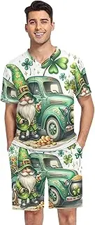 [GAIREG] Cartoon Men's Pajamas Sets Short Sleeve Lounge V-Neck Pajamas Sleepwear with Pockets S-XXL, St. Patrick's Day Truck Gnome Green-125, M, St Patrick's Day Truck Gnome Green-125, Medium