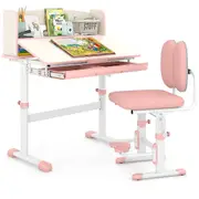 Costway Study Table & Chair Set Adjustable Study Desk w/Tilt Desktop & Storage Drawer Deck Chair Pink