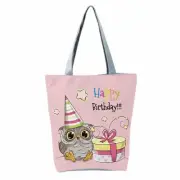 Happy Birthday (Pink) Owl Shopping Shoulder Tote Bag with Zip