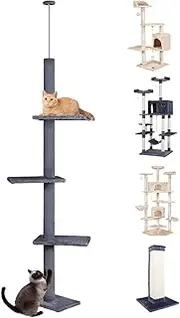 BEASTIE Cat Tree 230-286cm Floor-to-Ceiling Adjustable Cat Tower, Multi-Level Cat Scratcher Tower, Cat Condo Play House Wood Furniture for Kittens Climbing, Grey
