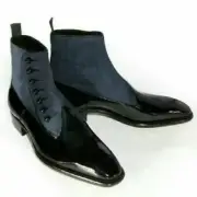 Handmade Men two tone button boots, Men black patent and navy color ankle boots