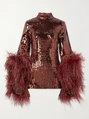 [Taller Marmo] Taller Marmo - Del Rio Disco Feather-trimmed Sequined Tulle Mini Dress - Chocolate - IT44 IT 44 Brown