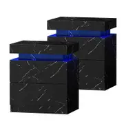 Oikiture Set of 2 Bedside Table 2 Drawers LED Marble Effect Black