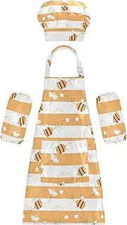AIXIWAWA Kids Apron Chef Hat Set, Child Kitchen Bib Aprons Adjustable for Cooking Baking Painting (Cute Bees Stripe)