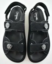Chanel 21C Black Fabric Silver Logo Mule Slide Strap Flat Teva Dad Sandal 37.5