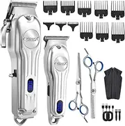 Professional Hair Clipper for Men, Clipper and Trimmer Set - Electric Clipper for Hair Cutting, Cordless Barber Clipper Set with LED Display for Men Gift (Silver)