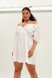 White Mini Dress Short Puff Sleeve Gather Detail