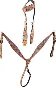 CHALLENGER Horse Horse Floral Tooled Leather Turquoise Bridle & Breast Collar Tack Set 78RS13A
