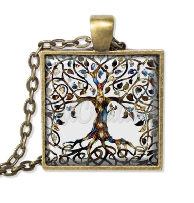Tree of Life Foliages Autumn Nature Handmade Square Glass Pendant Necklace 25mm