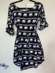 NWT Fighting Eel Ava Sky Dress Celine Elephant Print Black White