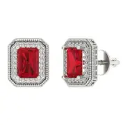 3.9 Emerald Round Brilliant Cut Halo Tourmaline Stud Earrings 14k White Gold