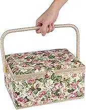 Garden Rose Sewing Box (G Type), Fabric Floral Printed Sewing Basket Craft Box Household Sundry Storage Organizer with Handle Built-in Pin Cushion Interior Pocket